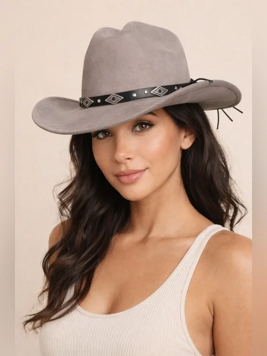 Suede Western Fedora Hat in Taupe with Studded Band - Picture 1 of 12